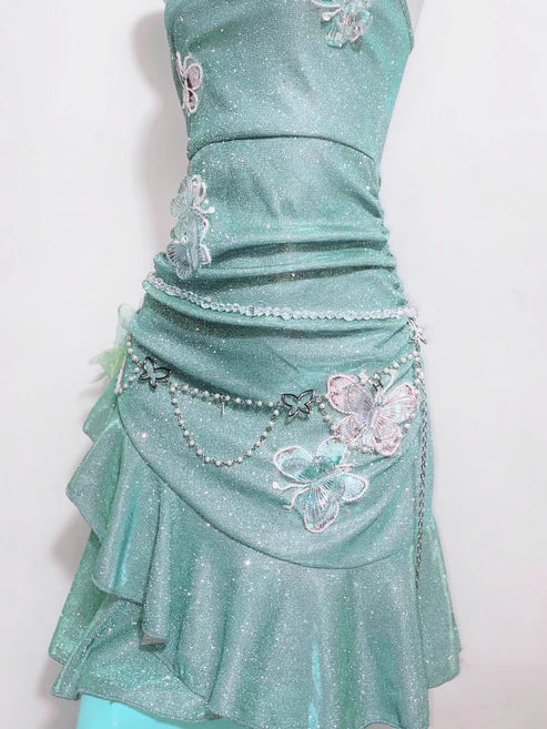 Fashion Mint Green Sparkling Sequin Spaghetti Strap Ruffled Hem Short 16th Birthday Party Dress Homecoming Dress DP6040