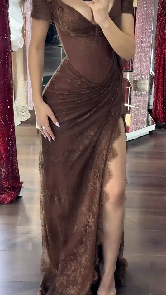 Elegant Brown Lace Mermaid Short-Sleeve Slit Prom Dress DP8652
