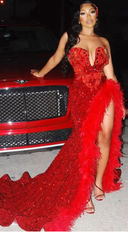 Black Girl Sexy Sequins Red V Neck Long Prom Dress with Feather, BL18609