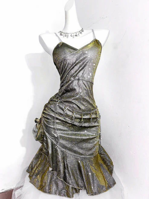 Vintage Green Spaghetti Strap Ruffled Hem Hem Short 16th Birthday Party Dress Homecoming Dress DP6041