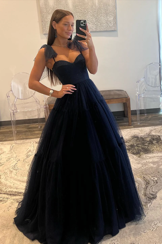 Dark Navy Bow Tie Shoulder Dot Tulle A-line Long Prom Dress,DP06