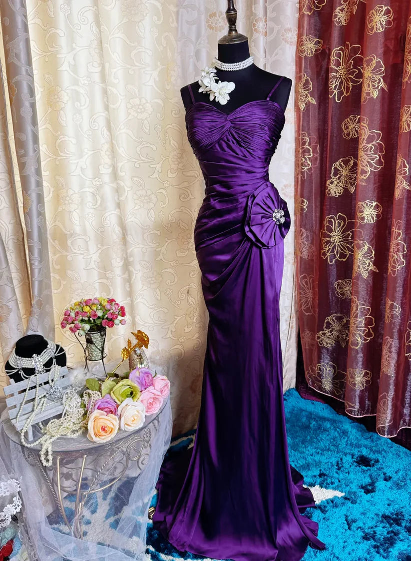 Elegant Purple Satin Mermaid Spaghetti Strap Sweetheart Ruched Bodice Beaded Floral Sweep Train Prom Dress DP8656
