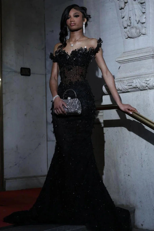 Elegantes schulterfreies, transparentes Korsett-Meerjungfrauen-Ballkleid mit 3D-Blumenstickerei und Perlen DP8221