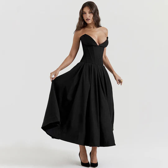 Sexy Black Strapless Prom Dress A-Line V-neck Evening Dress Formal Dress DP6693