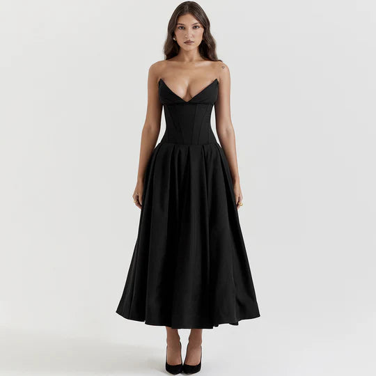 Sexy Black Strapless Prom Dress A-Line V-neck Evening Dress Formal Dress DP6693