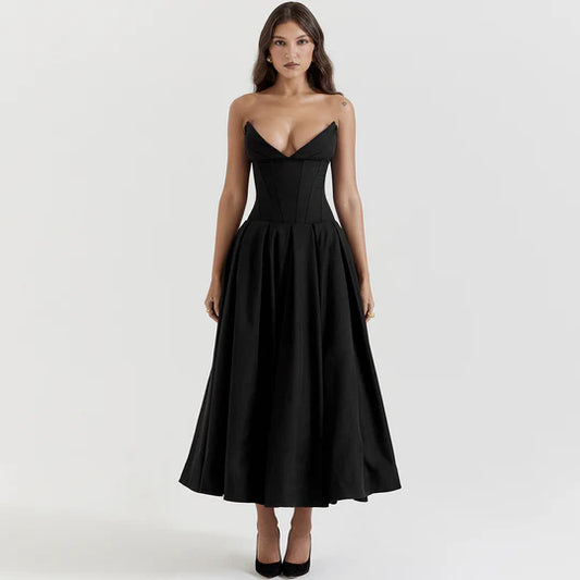 Sexy Black Strapless Prom Dress A-Line V-neck Evening Dress Formal Dress DP6693