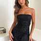 Vintage Black Sequin Strapless Sheath Homecoming Dress Party Dress Cocktail Dress DP6716