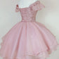 Elegant Pink Off-the-Shoulder Sparkly Lace Sequin  Ruffle A-Line Homecoming Dress DP8691