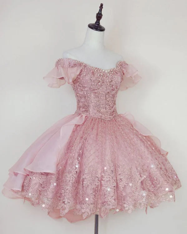 Elegant Pink Off-the-Shoulder Sparkly Lace Sequin  Ruffle A-Line Homecoming Dress DP8691