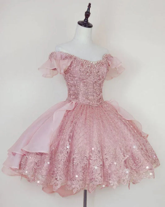 Elegant Pink Off-the-Shoulder Sparkly Lace Sequin  Ruffle A-Line Homecoming Dress DP8691