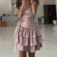 Elegant Pink One-Shoulder Satin Ruched Tiered Ruffle A-Line Homecoming Dress DP8692