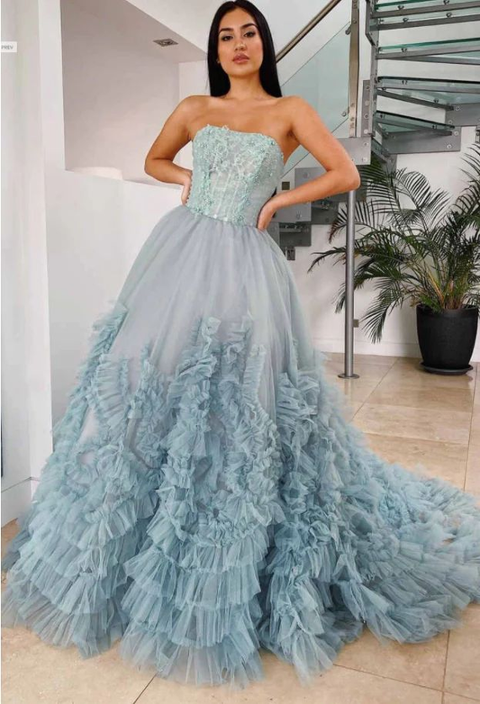 Elegant Dusty Blue Strapless Ruffles Long Prom Dress,DP0153