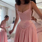 Wunderschönes rosa Spaghettiträger-A-Linien-Satin-Partykleid mit Herzausschnitt, Brautjungfernkleid DP6302