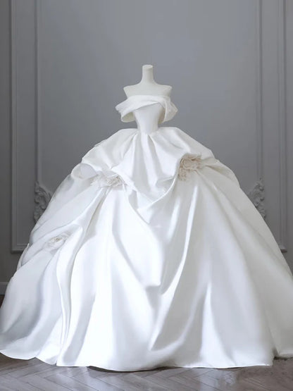 Elegant White Satin Off-the-shoulder Ruffle Ball Gown Design A-Line Wedding Dress, DP6113