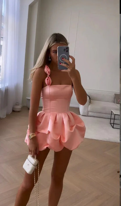 Vintage Pink Satin Short A-Line Party Dress Cocktail Dress Homecoming Dress DP6475