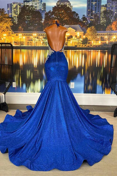 Fabulous Long Mermaid Appliques Backless Black Girl Prom Dress, DP2310