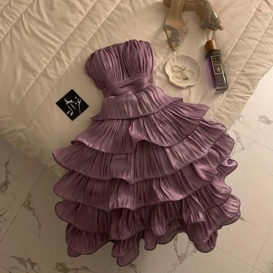 Chic Light Purple A-Line Homecoming Dress Strapless Party Dress Short Tiered Cocktail Dress, DP6622