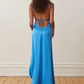 Blue V Neck Spaghetti Straps Long Party Dress with Slit, DP2452