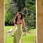 Vintage Green Floral Mermaid Spaghetti Strap Design Satin Prom Dress Evening Dress DP6235