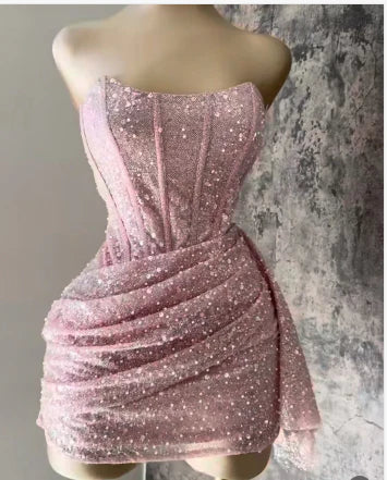 Chic Shiny Pink Sequin Homecoming Dress Strapless Party Dress Short Sheath Cocktail Dress, DP6621