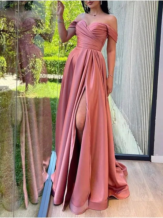 Pink Pleats Off the Shoulder Prom Dress With Slit,DP0148