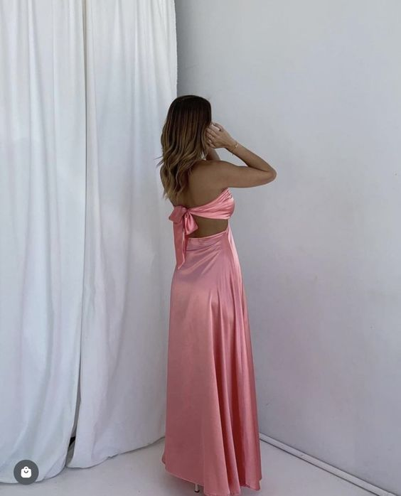 Pink Sweetheart Satin Backless Prom Dress Long Party Dress,DP400