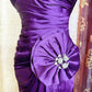 Elegant Purple Satin Mermaid Spaghetti Strap Sweetheart Ruched Bodice Beaded Floral Sweep Train Prom Dress DP8656