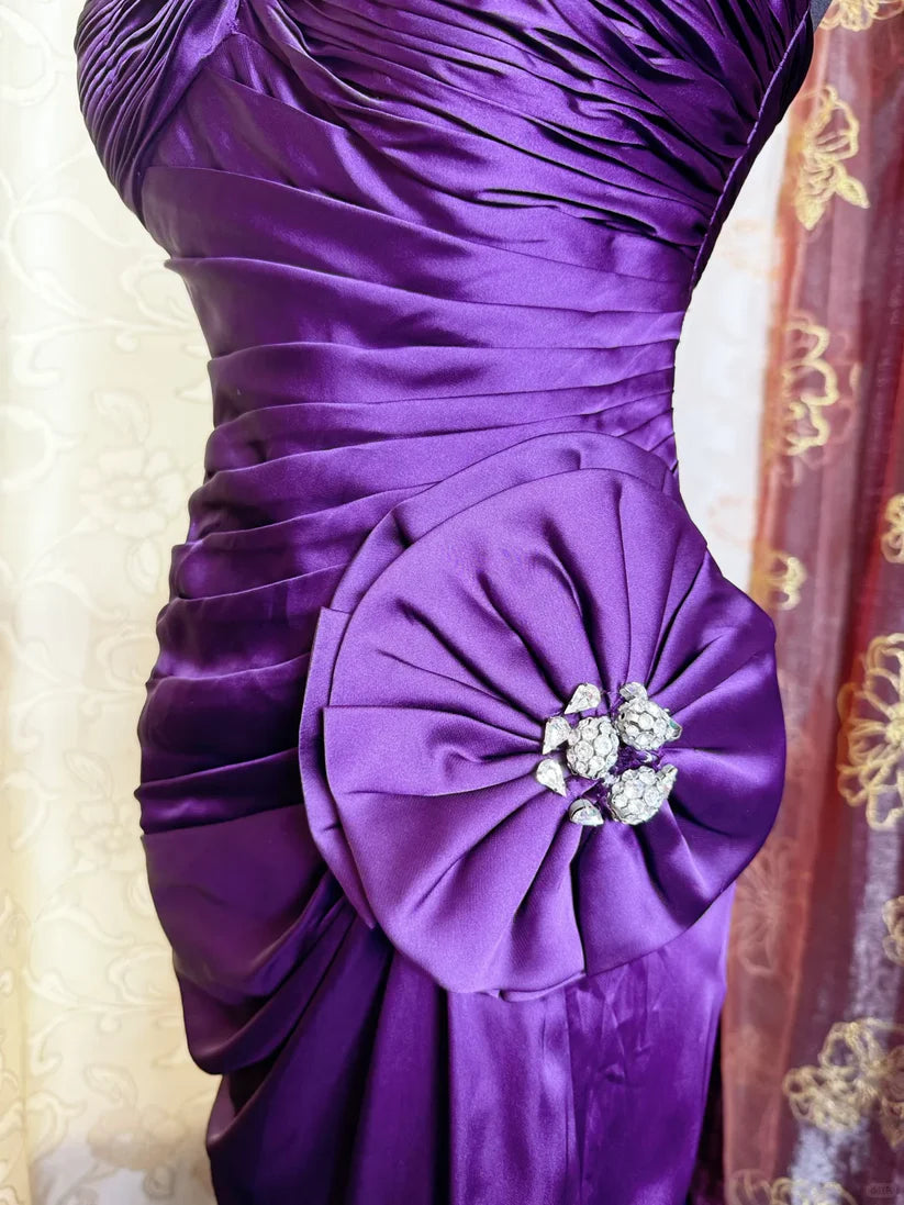 Elegant Purple Satin Mermaid Spaghetti Strap Sweetheart Ruched Bodice Beaded Floral Sweep Train Prom Dress DP8656