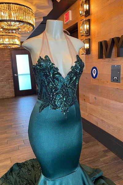 Green Halter Long Mermaid Appliques Black Girl Prom Dress, DP2313