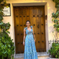 Floral V Neck Backless Blue A-Line Long Party Dress,DP1953