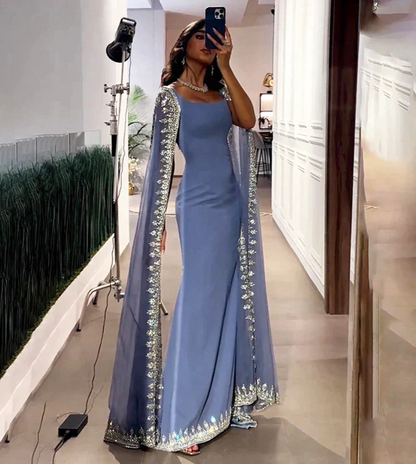 Dusty Blue Mermaid Appliques Beading Long Party Dress with Cape Sleeves,DP500