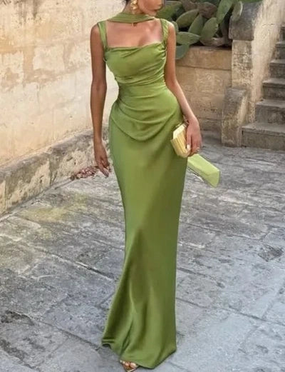 Elegant Olive Green Satin Straps Ruched Sheath Prom Dress DP8640
