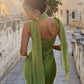 Elegant Olive Green Satin Straps Ruched Sheath Prom Dress DP8640