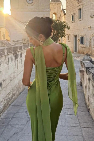 Elegant Olive Green Satin Straps Ruched Sheath Prom Dress DP8640