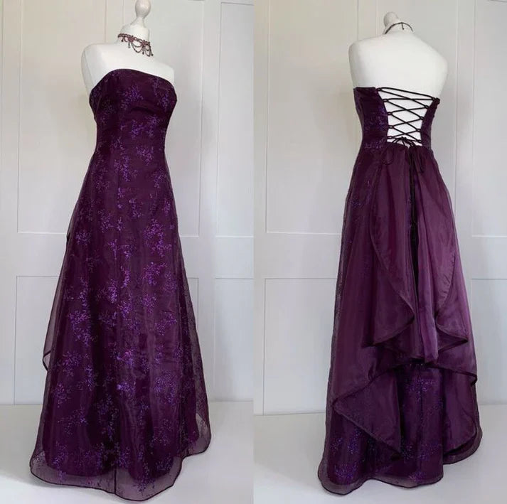 Vintage Purple Applique Prom Dress Lace Evening Gown Strapless Party Dress Long Formal Dress DP6950