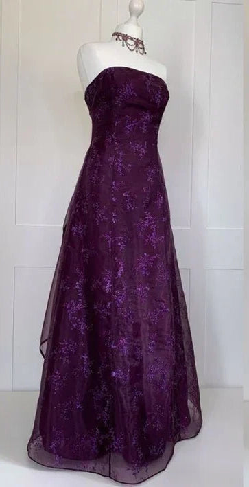 Vintage Purple Applique Prom Dress Lace Evening Gown Strapless Party Dress Long Formal Dress DP6950