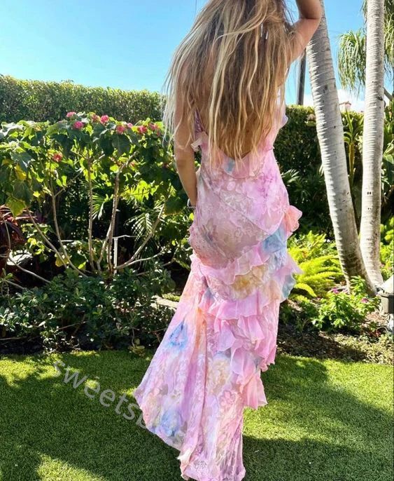 Elegant Pastel Ruffled Floral Print Spaghetti Straps Mermaid Prom Dress DP8182