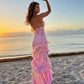 Elegant Pastel Ruffled Floral Print Spaghetti Straps Mermaid Prom Dress DP8182
