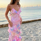 Elegant Pastel Ruffled Floral Print Spaghetti Straps Mermaid Prom Dress DP8182