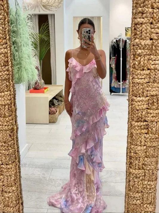 Elegant Pastel Ruffled Floral Print Spaghetti Straps Mermaid Prom Dress DP8182