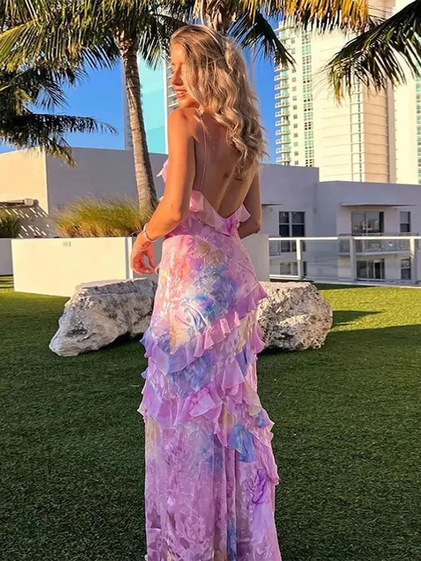Elegant Pastel Ruffled Floral Print Spaghetti Straps Mermaid Prom Dress DP8182