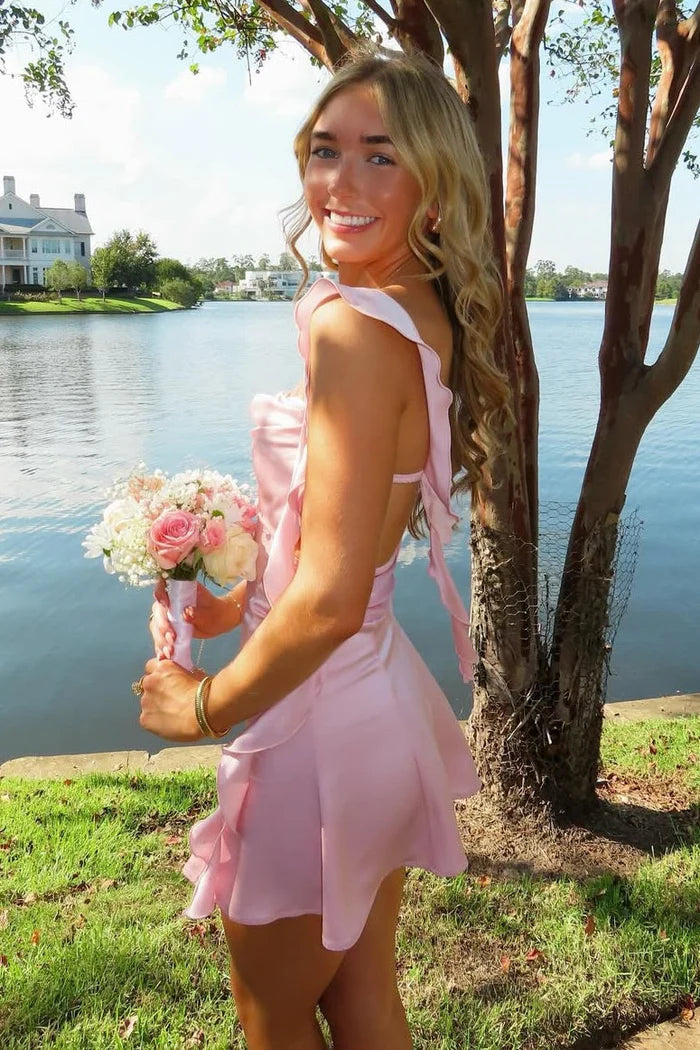 Vintage Pink Chiffon Ruffled Backless Homecoming Dress Party Dress Coc – DSProm