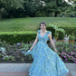 Floral V Neck Backless Blue A-Line Long Party Dress,DP1953