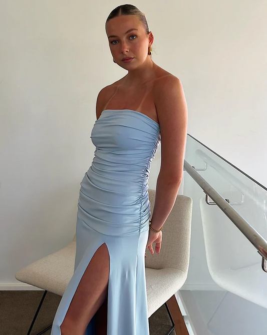 Elegant Blue Strapless Sheath Simple Long Party Dress with Slit, DP2538