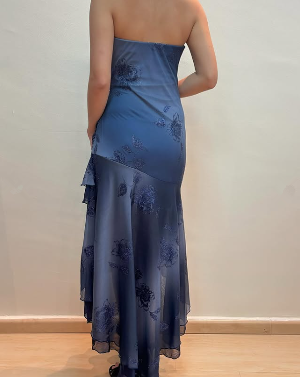 Vintage Navy Strapless Ruffles Chiffon Long Party Dress Evening Gown DP3893