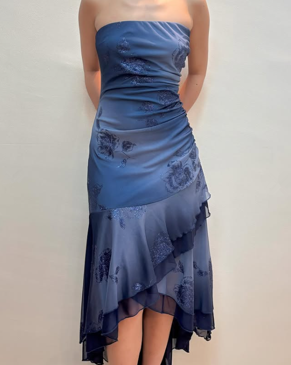 Vintage Navy Strapless Ruffles Chiffon Long Party Dress Evening Gown DP3893