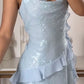 Vintage Light Blue Sequin Cowl Neck Spaghetti Strap Ruffle Ruched Homecoming Dress DP8679