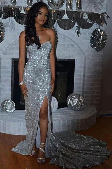 Shiny Silver Sequins Sweetheart Long Prom Dresses With Slit,DP0106