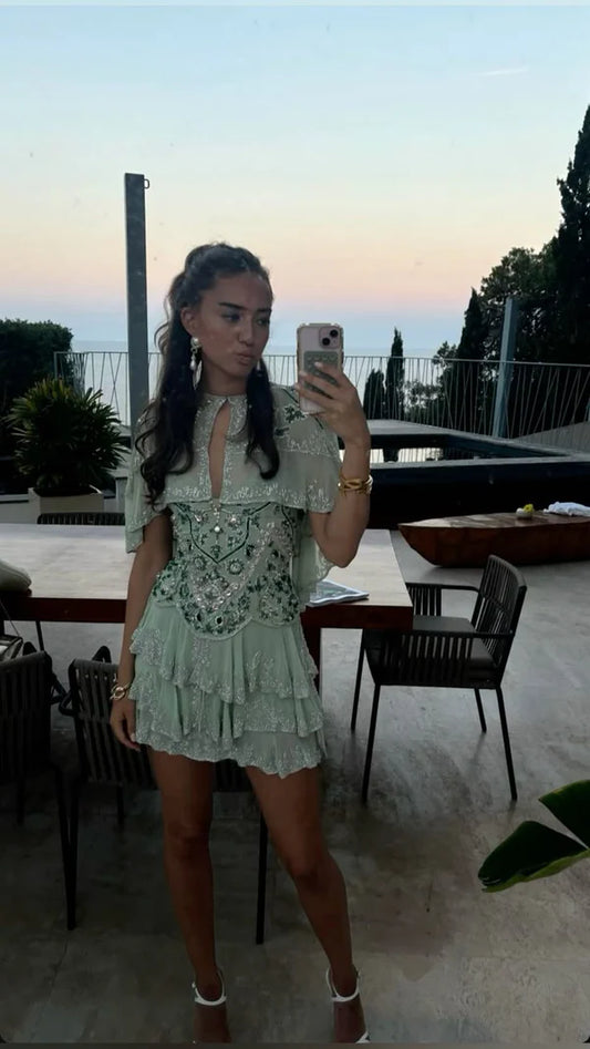Vintage Green Embroidery Beaded Homecoming Dress A-Line Backless Party Dress Short Cocktail Dress, DP6552