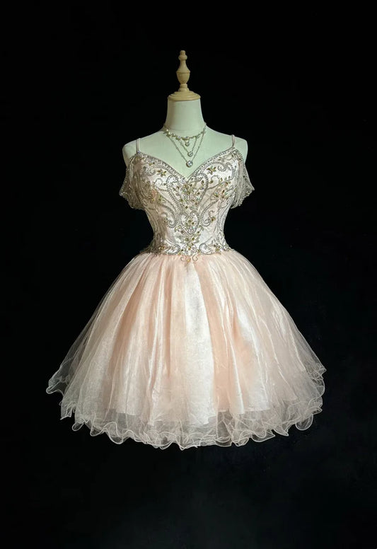 Vintage Pink Beaded Embroidery A-Line Homecoming Dress Spaghetti Strap Party Dress Short Chiffon Cocktail Dress, DP6558